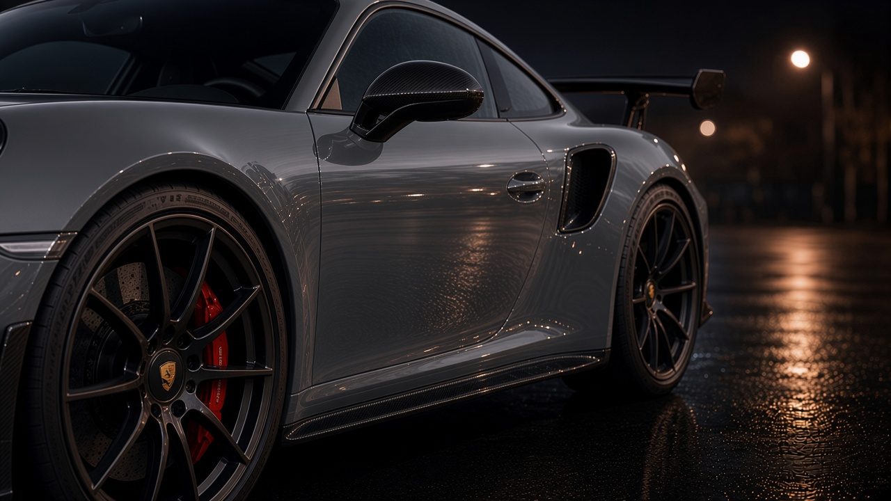 Porsche 911 GT3 RS gris Nardo, détail de la portière en carbone